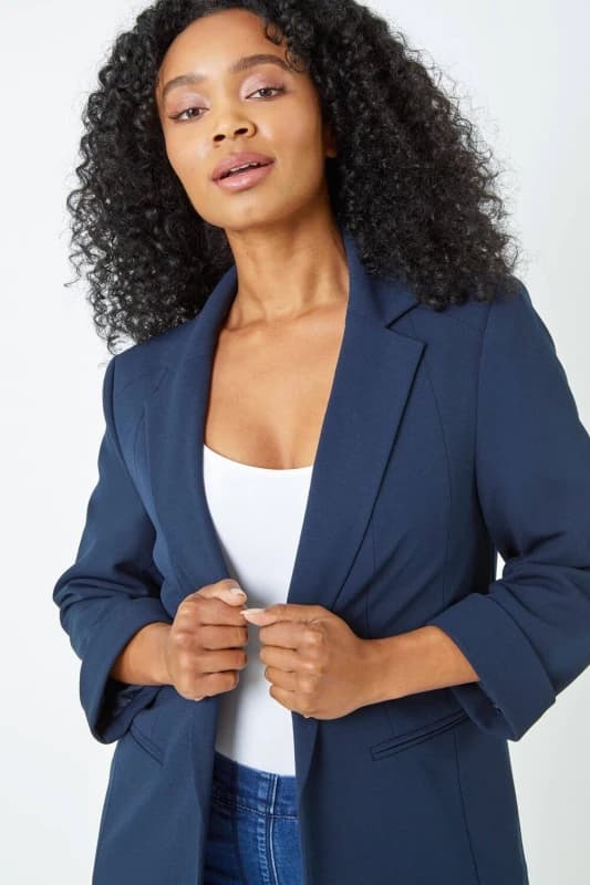 Roman Womens Petite 3/4 Sleeve Classic Stretch Blazer in Navy Size: 18 Navy Female 18