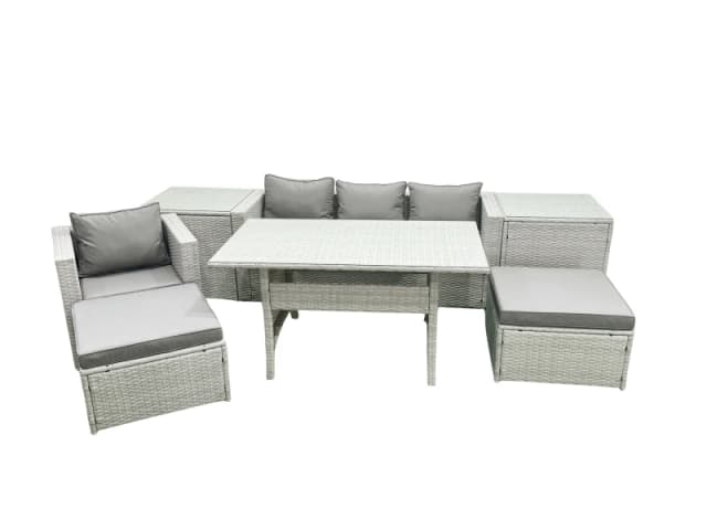 Fimous Rattan Garden Furniture Set Outdoor 6 Seater Patio Dining Sets with Glass Top Dining Table 2 Side Tables Light Grey Mixed Light Grey