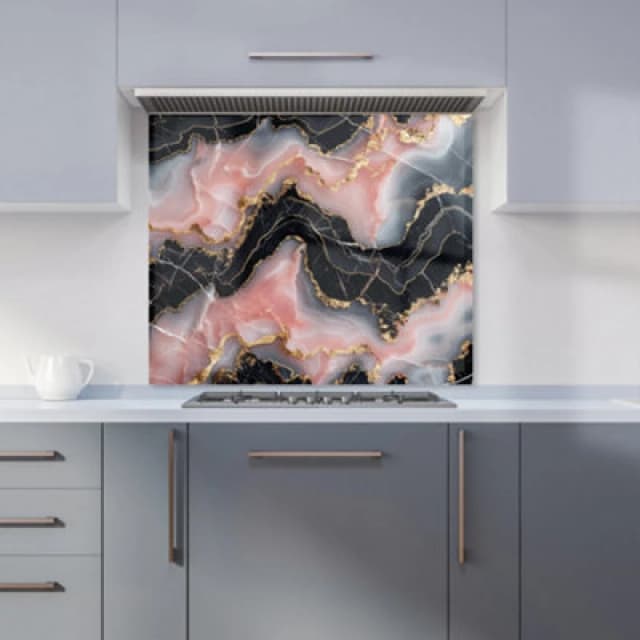 Warren Reed Designer Baby Pink And Black Marble Effect Kitchen Splashback