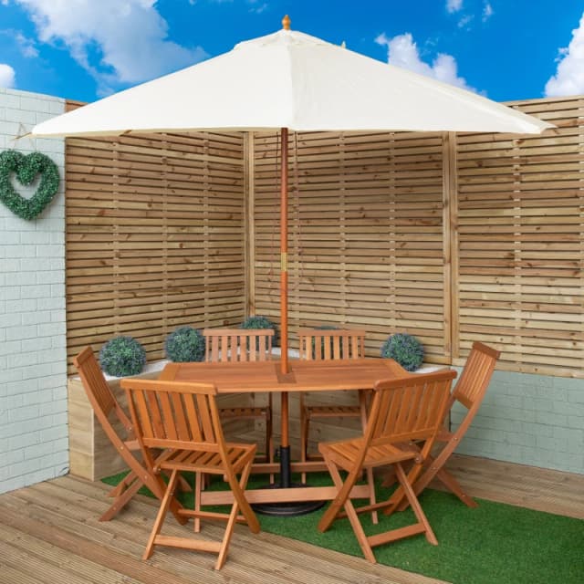 Outdoor 6 Person Folding Rectangular Wooden Garden Dining Table Chairs Cream Parasol and Base set