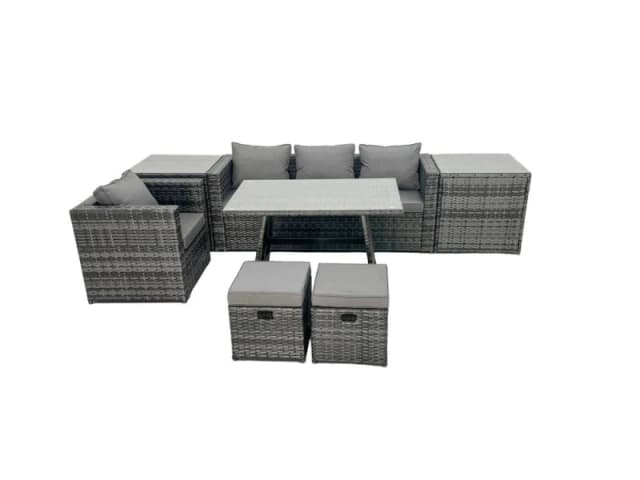 Fimous Rattan Dining Table Sofa Set with 2 Side Tables 2 Footstools Outdoor in Dark Grey Dark Grey Unisex