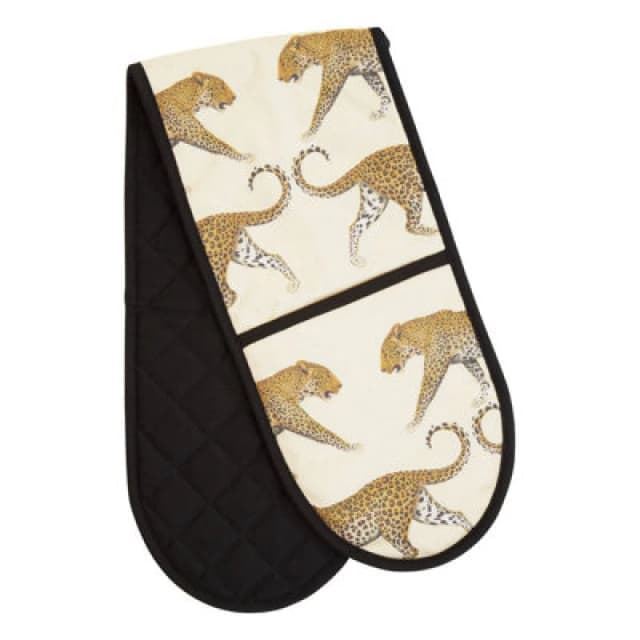 Orsina Double Oven Glove, Quilted Heat-Resistant Fabric With Monochrome Leopard Print, Safely Handles Hot Cookware