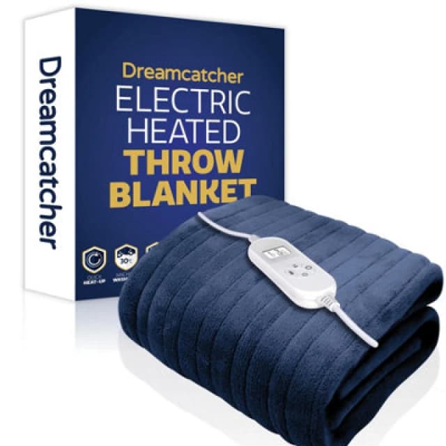 Dreamcatcher Deluxe Xl Electric Throw Heated Double Over Blanket Soft Fleece 9 Heat & 12Hr Timer Settings - Navy Blue