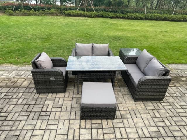 Fimous Lounge Rattan Sofa Set Outdoor Garden Furniture Oblong Rectangular Dining Table With Chairs Big Footstool Side Table in Dark Grey Dark Grey Uni