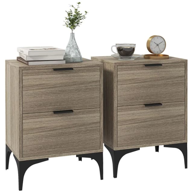 HOMCOM Bedside Tables Set of 2 with 2 Drawers for Bedroom - Living Room - Grey TJ Hughes 5056725544041