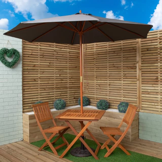 Outdoor 2 Person Folding Wooden Garden Dining Table Chairs Grey Parasol and Base Set