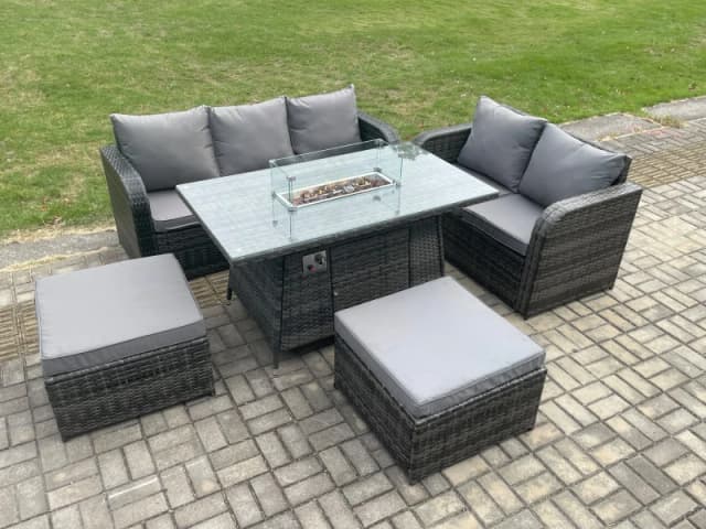 Fimous PE Wicker Outdoor Rattan Garden Furniture Set Propane Gas Fire Pit Table and Sofa set with 2 Big Footstool Dark Grey