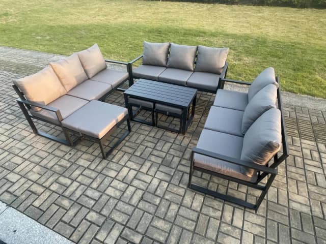 Fimous Aluminium Outdoor Garden Furniture Set Lounge Sofa Oblong Coffee Table 3 Footstools Sets with Cushions Dark Grey 12 Seater Dark Grey Unisex