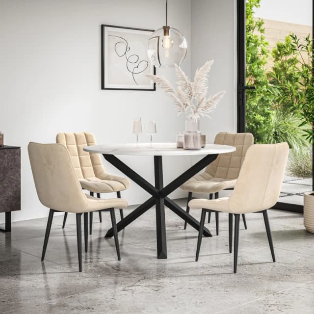More4Homes Malvern Round Dining Table And Chairs - Marble Table Top W Solid Black Oak Legs + Nova Velvet Dining Chair Set Of 4 (Beige)