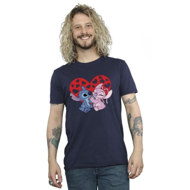 Disney Men Lilo & Stitch Hearts T-Shirt in Navy Size: Small Navy S Male 5063153540545