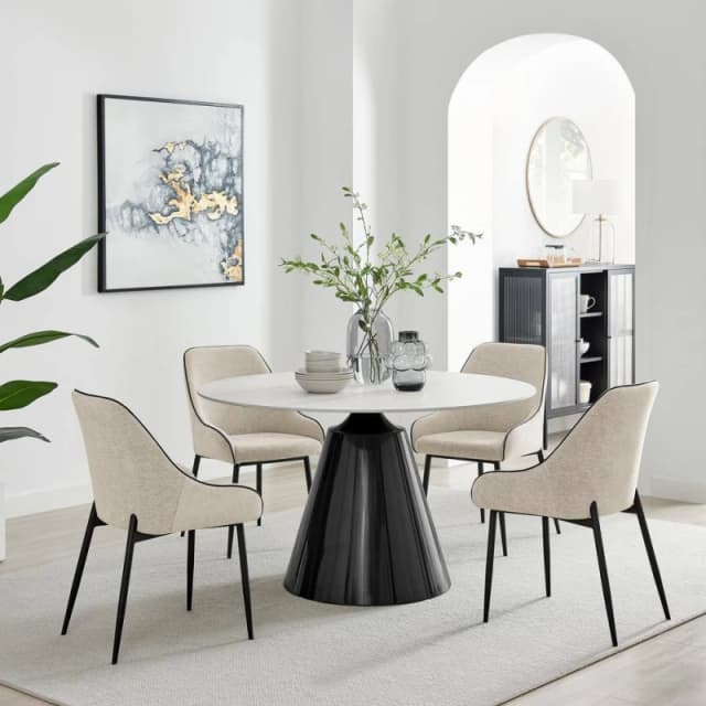 FurnitureboxUK Nina Marble-Effect Dining Set with Cream Fabric Chairs Size: 4 Person Cream Unisex 4 Person