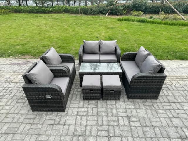 Fimous Patio Garden Furniture Sets Wicker 8 Seater Outdoor Rattan Furniture Sofa Sets with Coffee Table Reclining Chair 2 Small Footstools Dark Grey