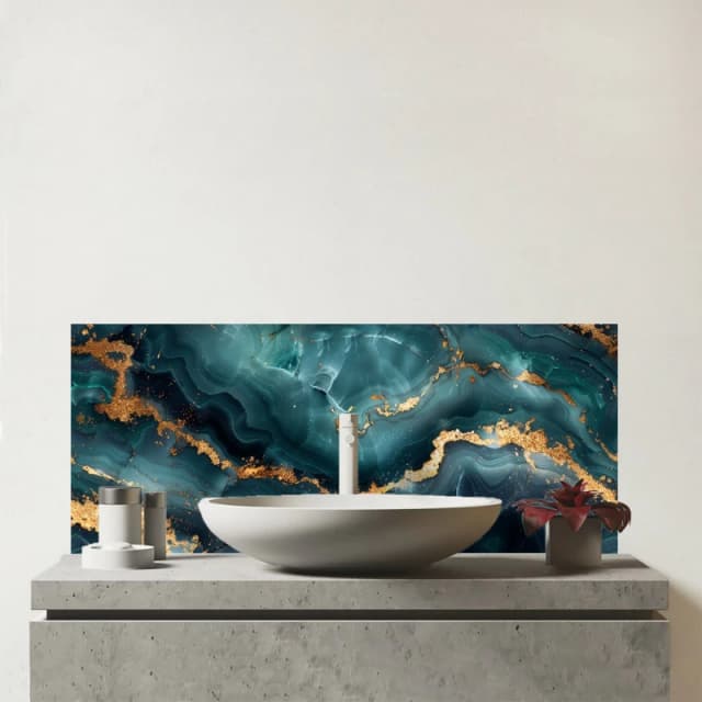 Warren Reed - Designer Blue, Gold Marble Effect Glass Bathroom Splashback in Blue Blue Unisex