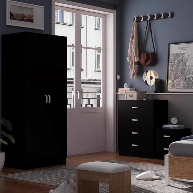 FWStyle FWStyle Black 3 Piece Bedroom Furniture Set Bedside, Wardrobe, 4 Drawer Chest Black One Size Unisex 5056413127754