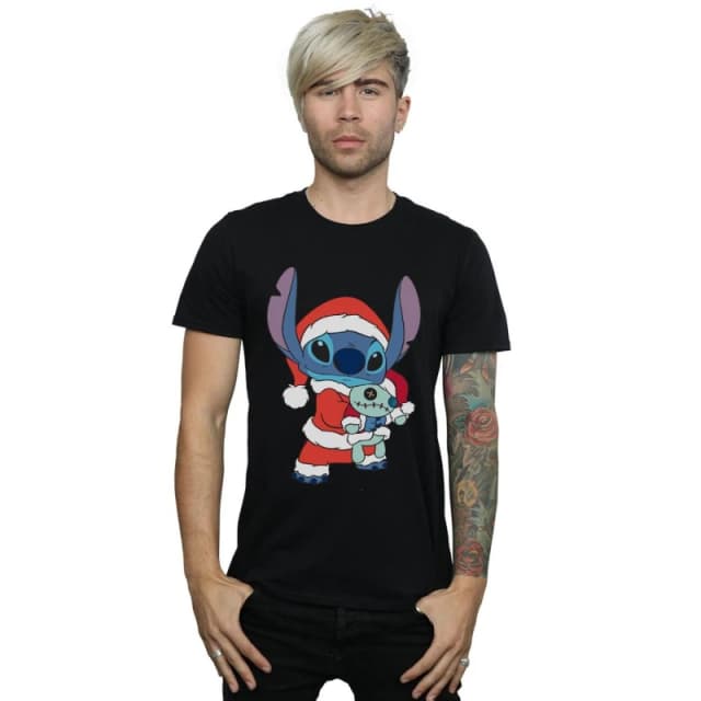 Disney Men Lilo And Stitch Stitch Christmas T-Shirt in Black Size: Small Black S Male 5059400307412