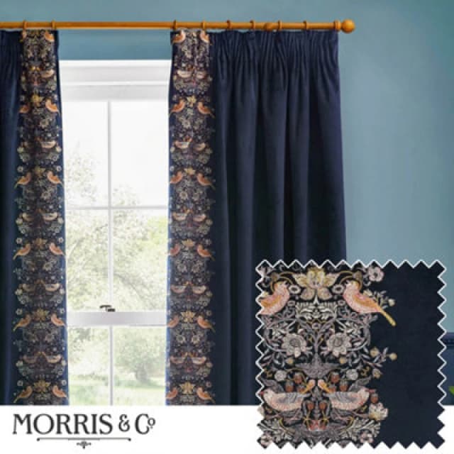 Morris & Co Morris & Co Strawberry Thief Embroidery Embroidered Velvet Room Darkening Pencil Pleat Curtains in Indigo Size: 117cm width x 137cm drop