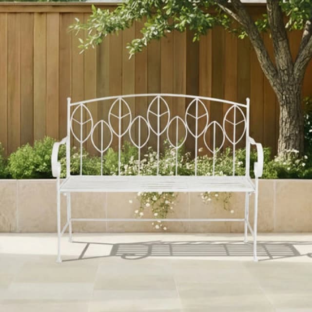 Charles Bentley Antique White Leaf Design Rustic Metal Garden Bench