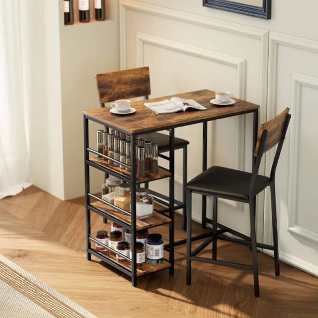 HOMCOM Industrial Bar Table Set with Storage & Padded Seats, Rustic Brown Brown Unisex
