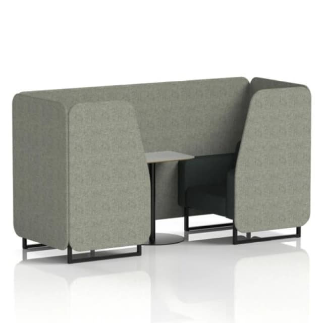 Brixworth 2 Seater Office Booth with Front Panel - Black Legs and Grey Table with Black Leg in Rivet Fabric - Vitreous Panels and Charcoal Sofa