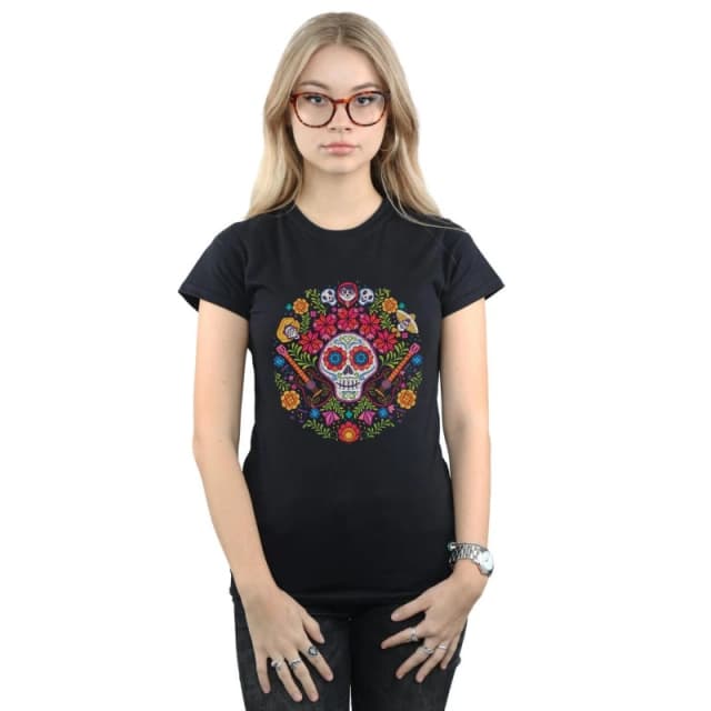 Disney Coco Embroidered Skull Print Cotton T-Shirt Black female