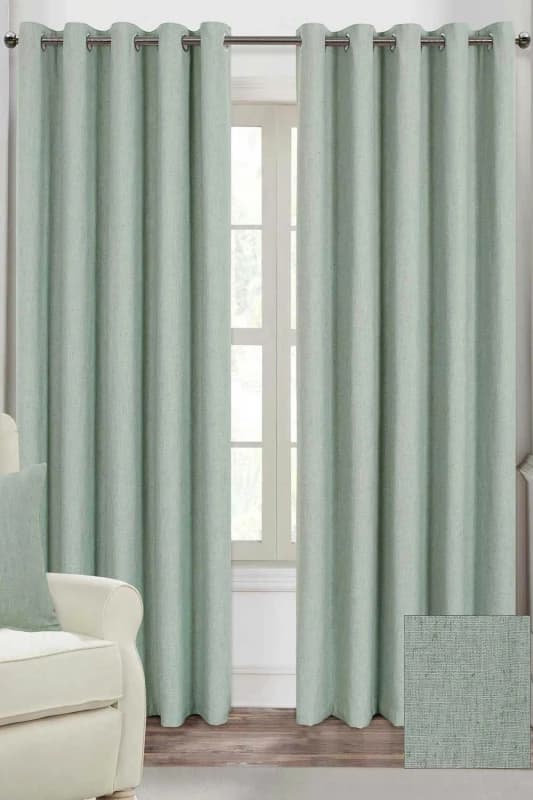 Homescapes Duck Egg Blue Linen Eyelet Lined Curtain Pair, 90 X 72"