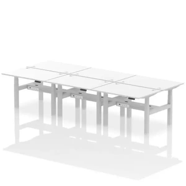 Air Air Back-to-Back 1200 x 800mm Height Adjustable 6 Person Bench Desk White Top with Cable Ports Silver Frame HASCP6P12800WHTS
