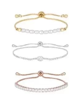 Mood Tri Tone Crystal And Pearl Pretty Toggle Bracelets - Pack of 3, Silver, Women