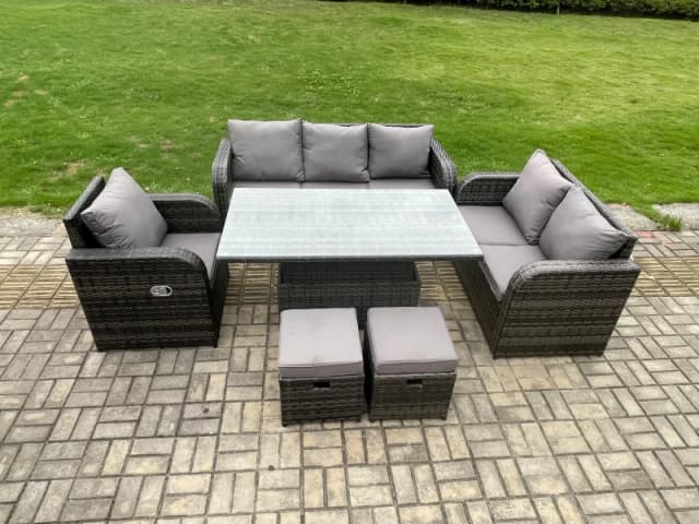 Fimous Outdoor Rattan Furniture Garden Dining Set Patio Height Adjustable Rising lifting Table Reclining Chair Sofa With 2 Small Footstools Dark Grey