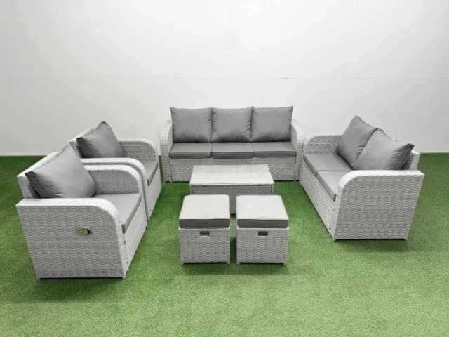Fimous PE Rattan Garden Furniture Set Adjustable Chair Sofa Double Love Seat 2 Seater Sofa Lounge Set Oblong Coffee Table 2 Stools Light Grey Light Gr