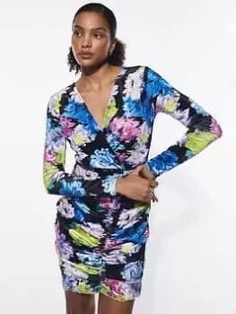 Warehouse Floral Print Velvet Ruched Mini Dress - Floral, Multi, Size L, Women