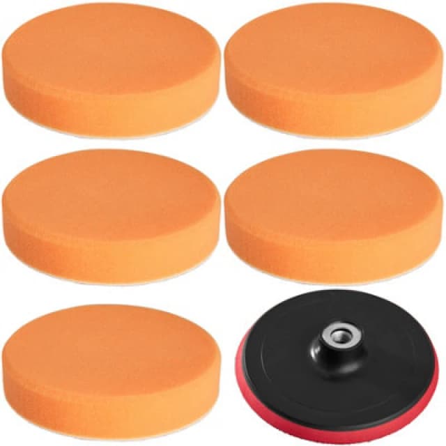 Tectake Buffer Pads - 5 Polishing Sponges 150 mm, Medium-Soft, M14 Polishing Wheel 150 mm - Orange