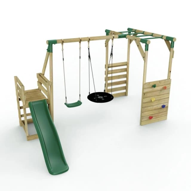 Rebo Wooden Swing Set with Nest Swing, Monkey Bars and Slide - Satellite Green Green