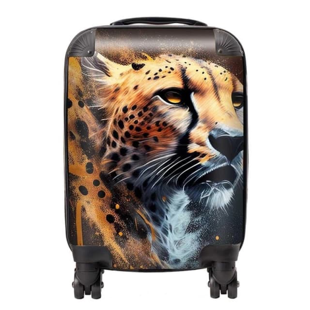 Warren Reed - Designer Cheetah Face Splashart Dark Background Suitcase in Yellow Size: Large Yellow Unisex Large