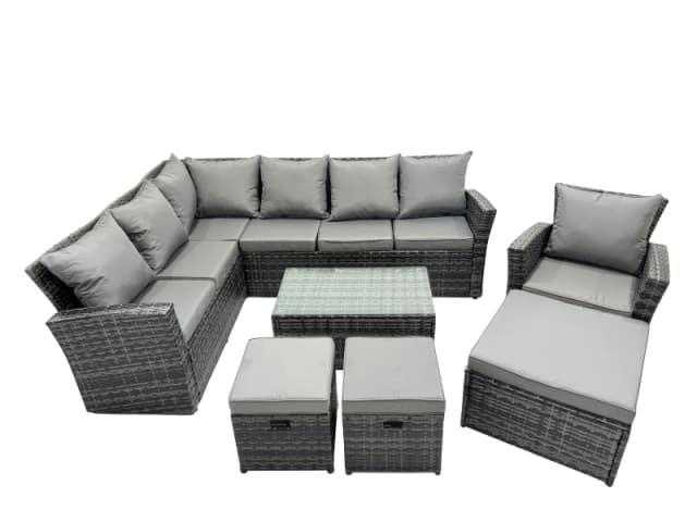 Fimous 10 Seat Rattan High Back Corner Sofa Set Patio Coffee Table Sets With 3 Stools Chair Dark Grey Mixed