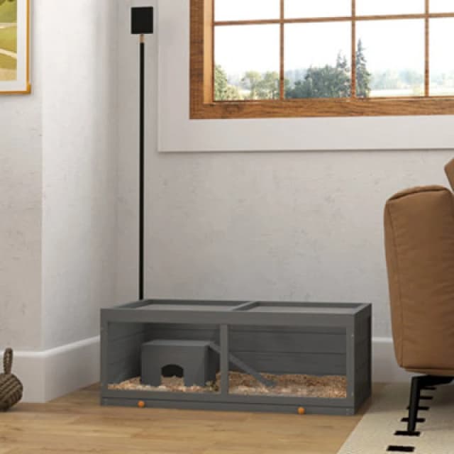 PawHut Wooden Hamster Cage with Sliding Tray, Openable Top, Hut, Grey Grey