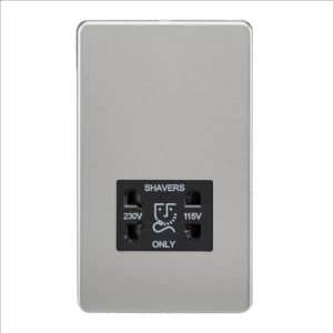 KnightsBridge Screwless Brushed Chrome Shaver Socket Dual Voltage 115/230V - Black Insert