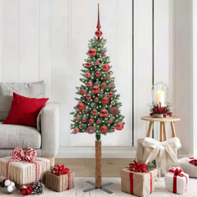 vidaXL Slim Christmas Tree with 150 LEDs, Red Balls Green and White 150 cm, Green 3394886