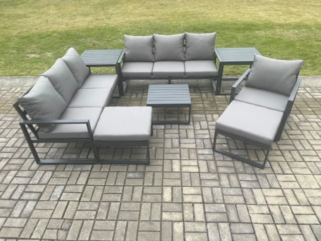 Fimous Aluminium Outdoor Lounge Sofa Set Garden Furniture Sets with Square Coffee Table Chair 2 Big Footstools 2 Side Tables Dark Grey Dark Grey Unise