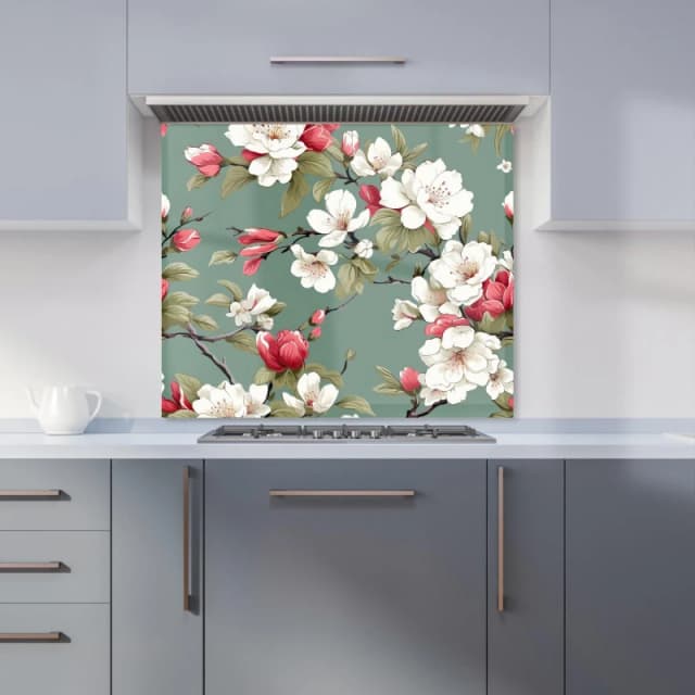 Warren Reed - Designer Pink & White Blossom Kitchen Splashback in Green Size: 600mm x 750mm Green Unisex 600mm x 750mm