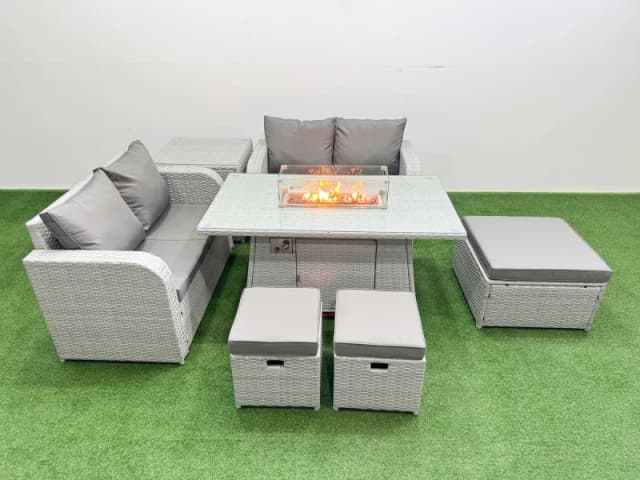 Fimous 7 Seater Outdoor Love Sofa Set Rattan Garden Furniture Set with Firepit Dining Table 3 Footstool Side Table Light Grey Light Grey