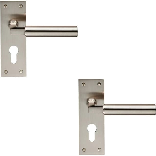 Loops 2x PAIR Round Bar Handle on Slim Euro Lock Backplate 150 x 50mm Satin Nickel Metallics