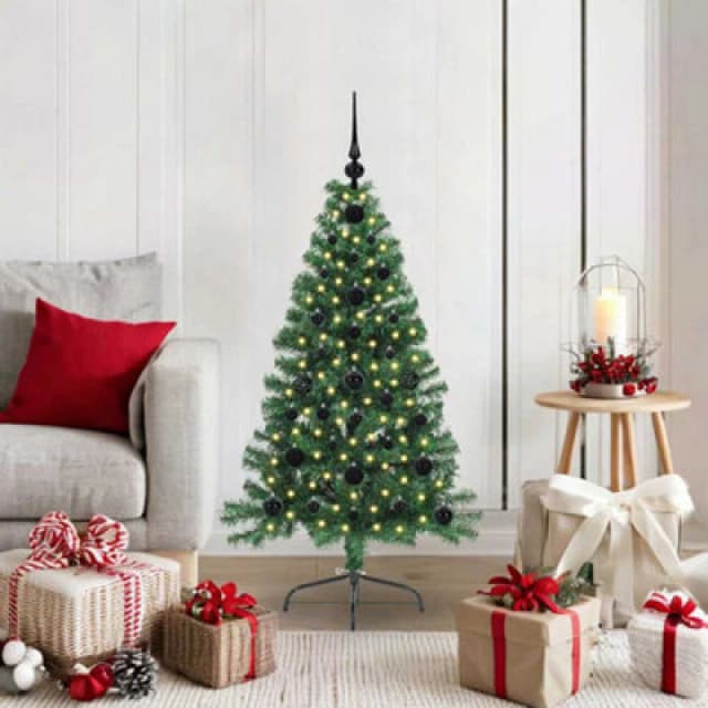 vidaXL Artificial Pre-lit Christmas Tree with Black Balls Green 120cm PVC, Green 3396990