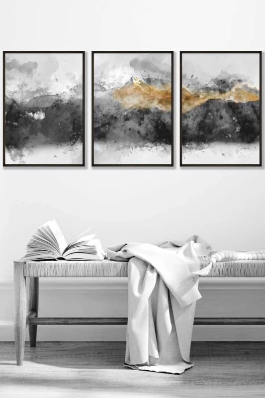 ARTZE Abstract Grey & Yellow Mountains Framed Wall Art - Medium in Black Size: W45cm x H62cm x D20mm Black Unisex W45cm x H62cm x D20mm