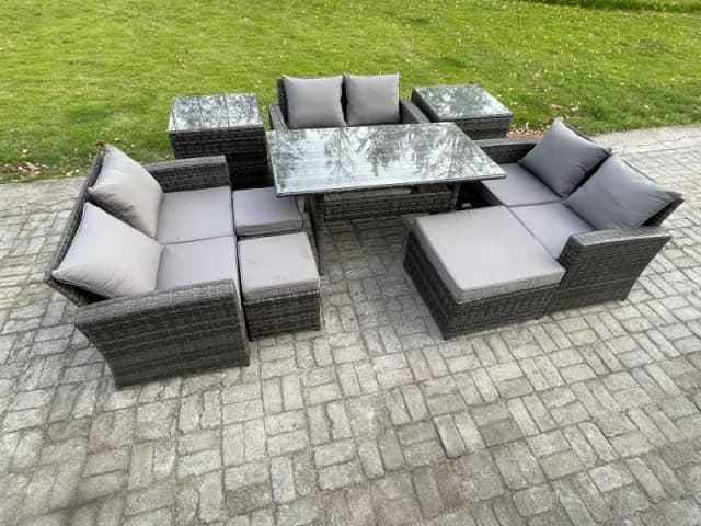 Fimous 9 Seater Wicker PE Rattan Garden Furniture Sets Outdoor Lounge Sofa Set with Oblong Dining Table Double Seat Sofa in Dark Grey Dark Grey Unisex