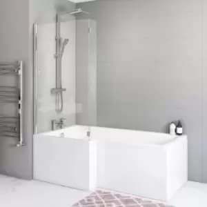 Lomax 1700 x 850 L Shaped Shower Bath Left Hand with Front Panel and Maia 1450mm Chrome Bath Screen