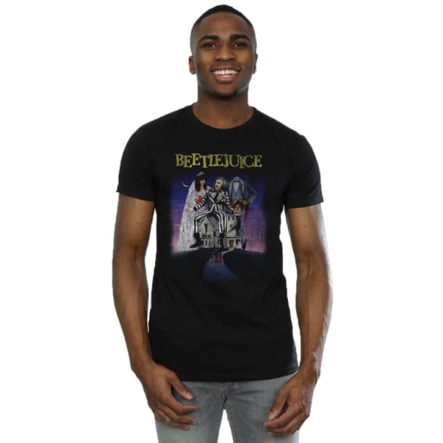 Beetlejuice Beetlejuice Men Distressed Poster T-Shirt in Black Size: Small Black S Male 5057245896290