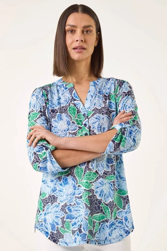 Roman Womens Floral Print Burnout Shirt in Blue Size: 18 Blue Female 18