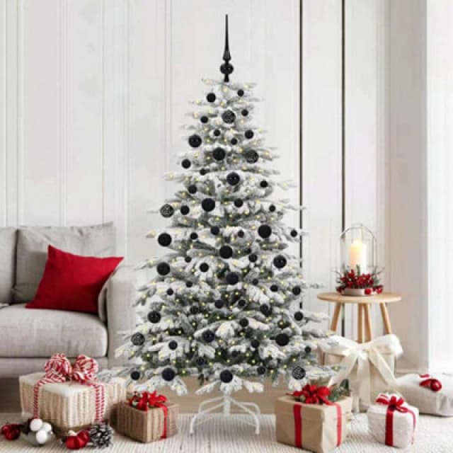vidaXL Artificial Hinged Christmas Tree with Black Balls White 180cm PE and PVC, White 3395641