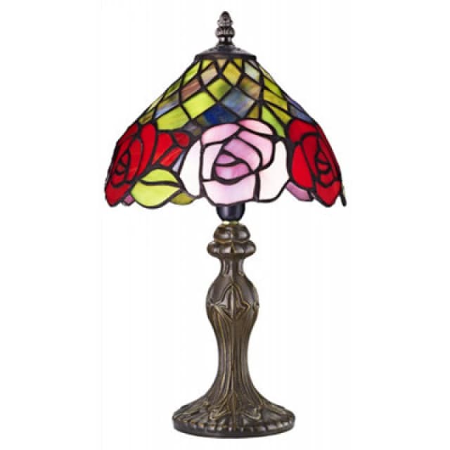 Happy Homewares Red And Pink Rose Decorated Stained Glass Tiffany Lamp
