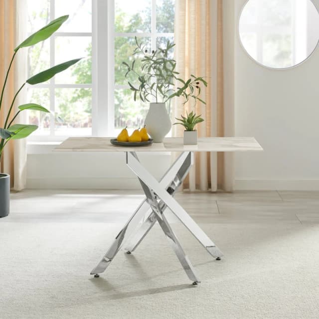 FurnitureboxUK FurnitureboxUK Leonardo 4-Seater Dining Table With Marble Effect Glass Top And Silver Metal Legs in White White One Size Unisex 5056542